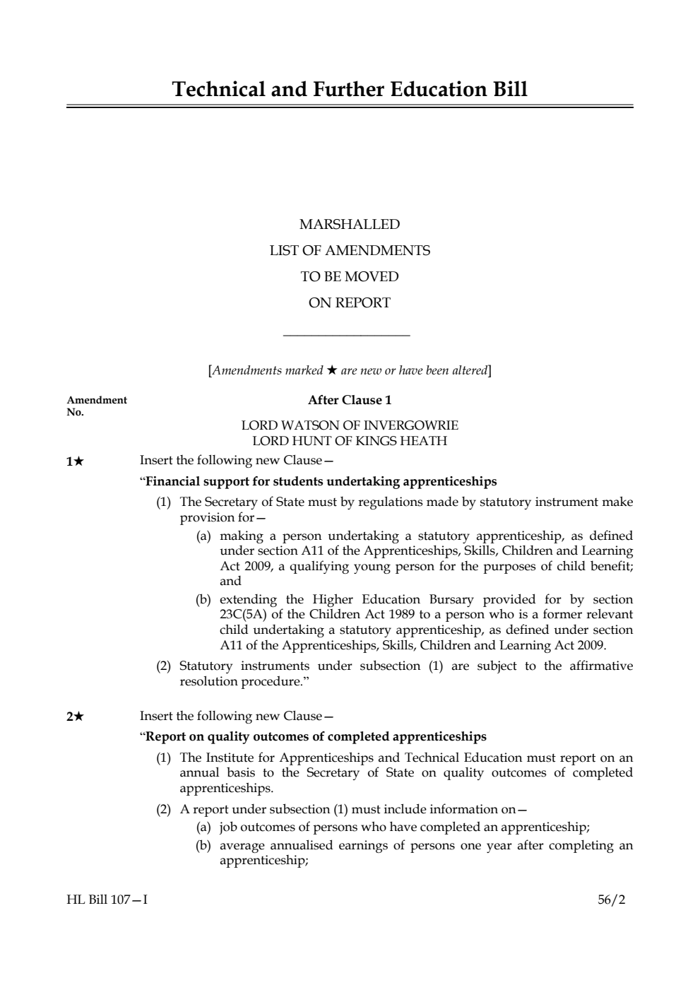 Technical and Further Education Bill Lords Amendments 1st Marshalled List