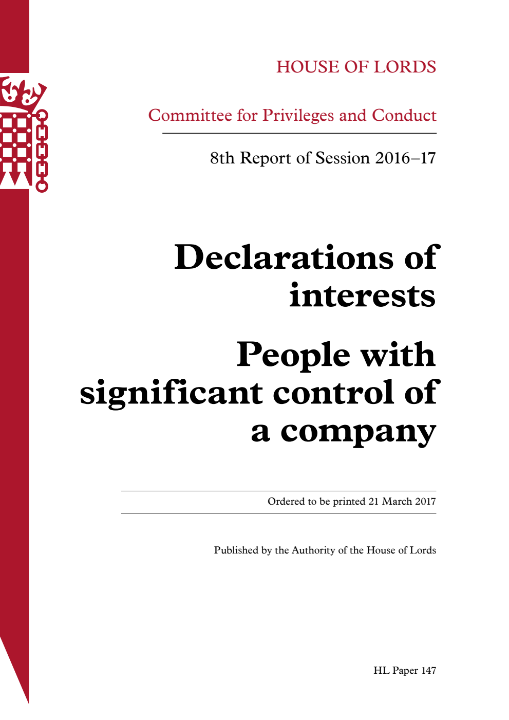 Privileges and Conduct Committee 8th Report. Declarations of interests. People with significant control of a company
