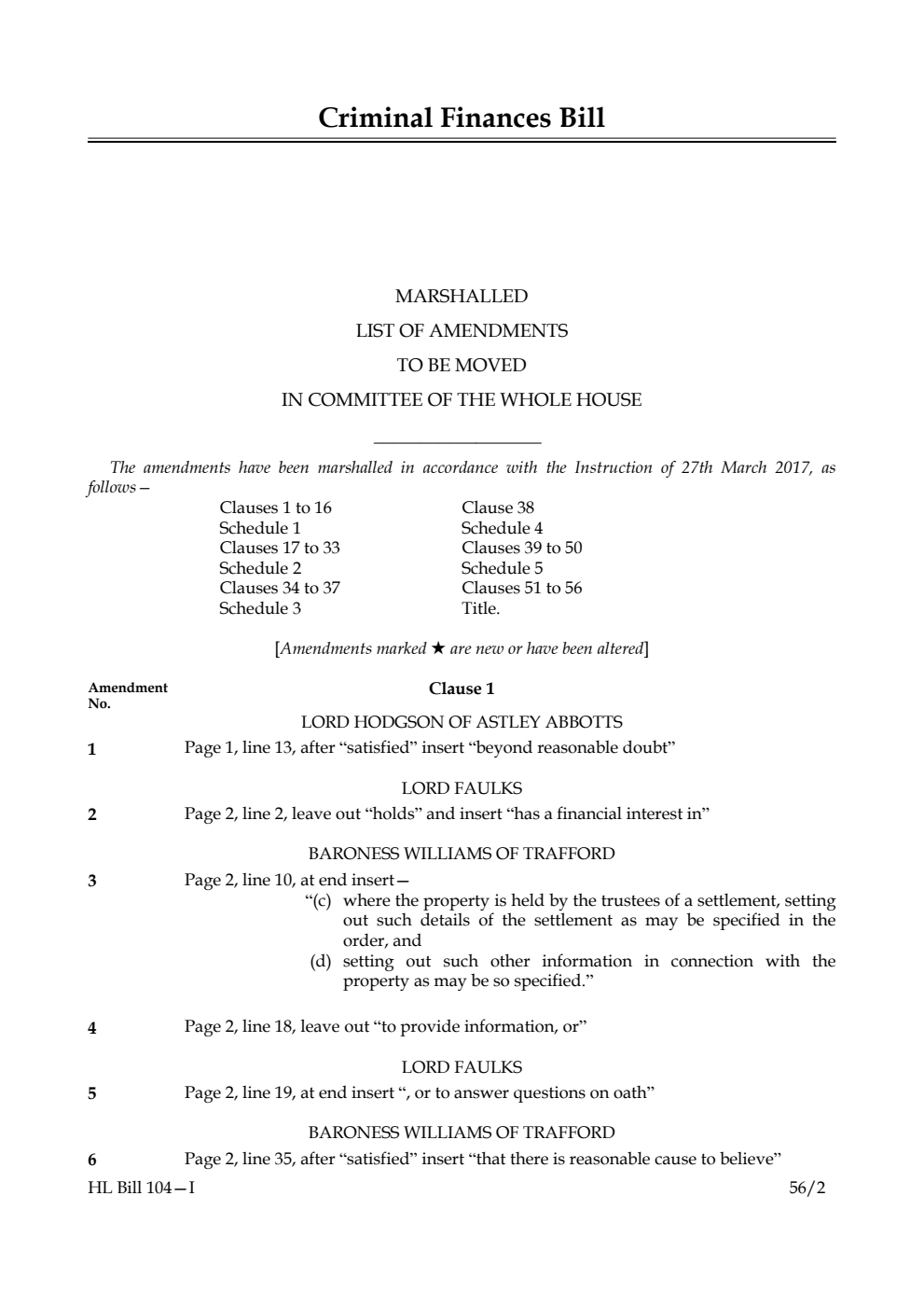 Criminal Finances Bill Lords Amendments 1st Marshalled List