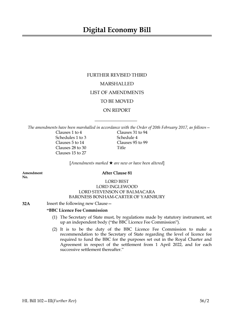 Digital Economy Bill Lords Amendments Further Revised 3rd Marshalled List