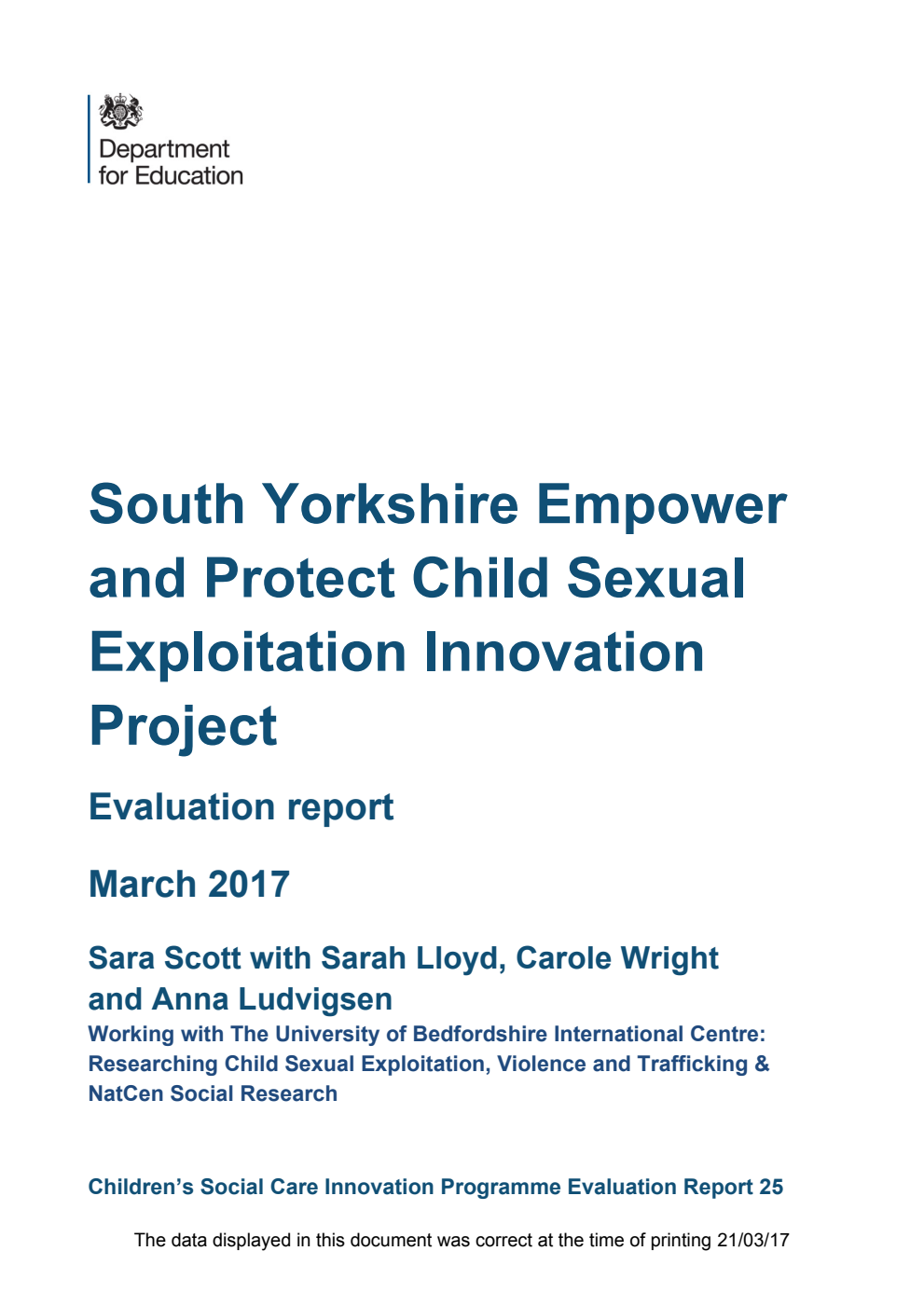 DFE RR576 South Yorkshire Empower and Protect Child Sexual Exploitation Innovation Project. Evaluation report March 2017