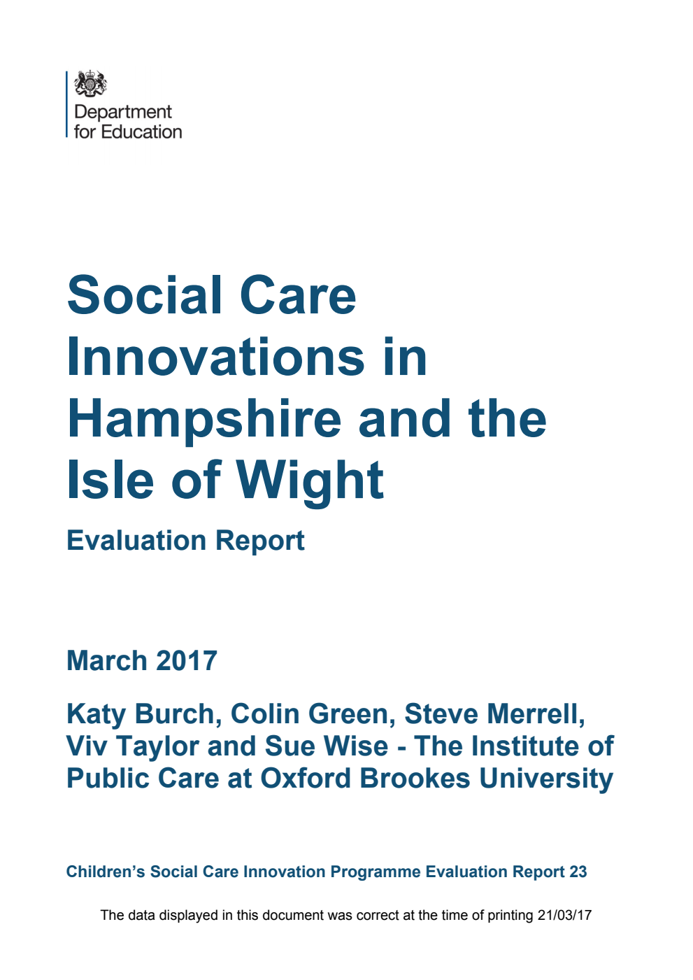 DFE RR587 Social Care Innovations in Hampshire and the Isle of Wight. Evaluation Report March 2017