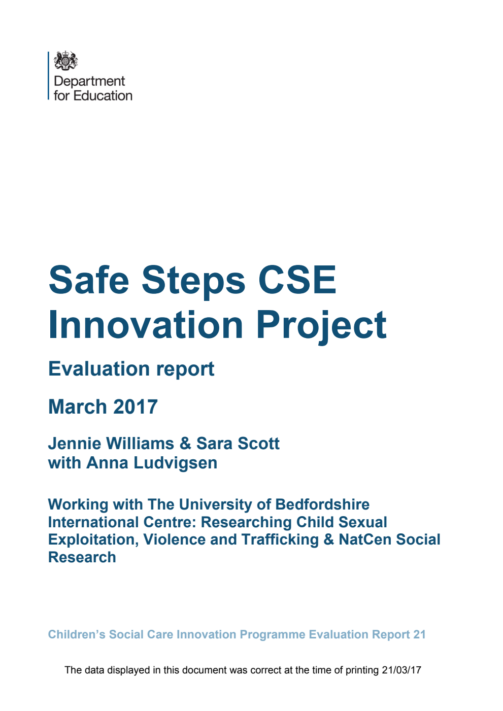 DFE RR600 Safe Steps CSE Innovation Project. Evaluation report March 2017