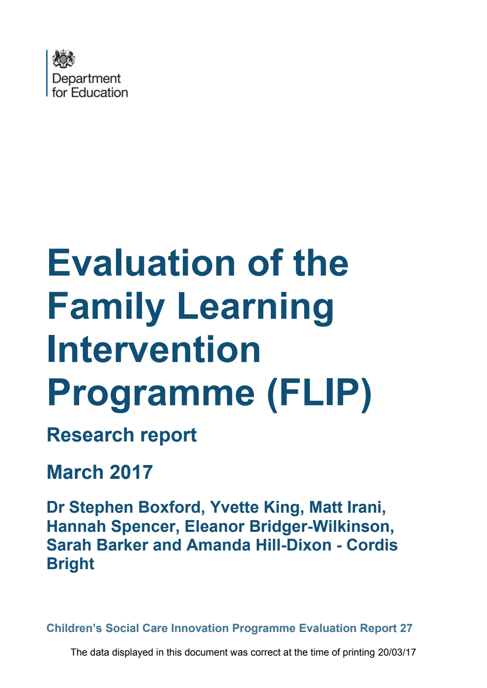 DFE RR586 Evaluation of the Family Learning Intervention Programme (FLIP) Research Report March 2017