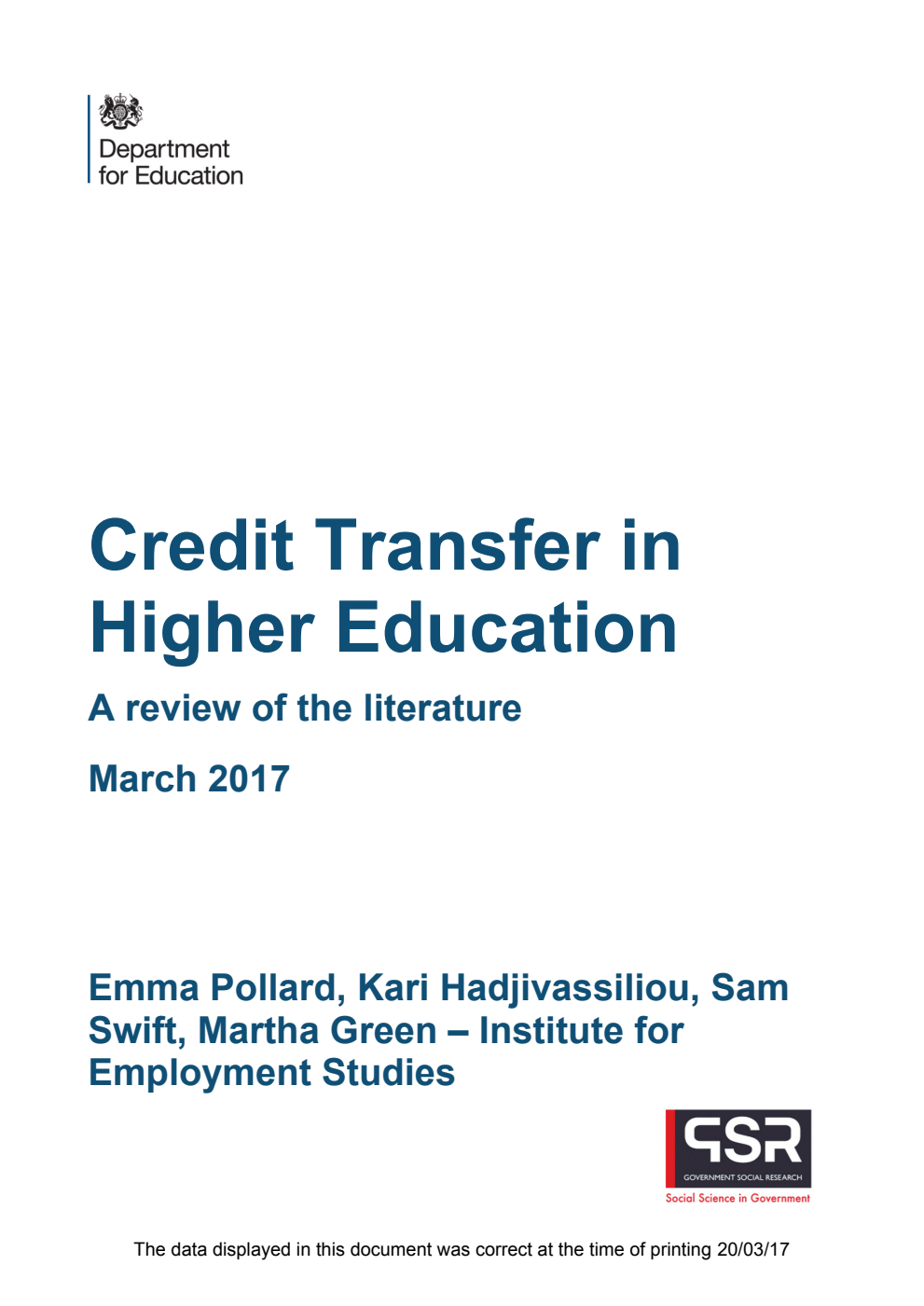 DFE RR653 Credit Transfer in Higher Education : A Review of the Literature March 2017