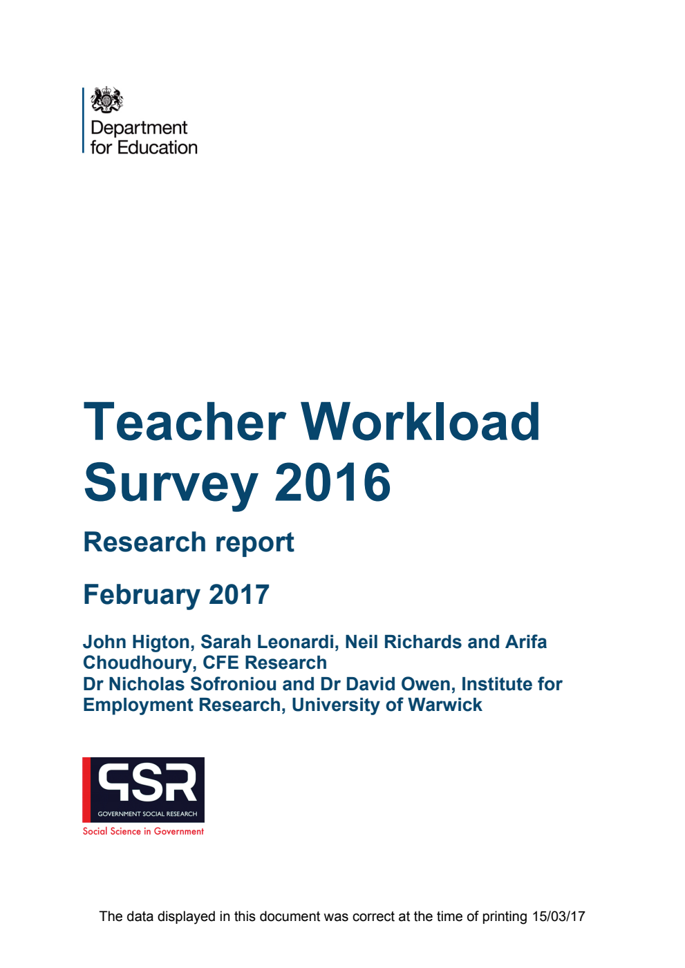 DFE RR633 Teacher Workload Survey 2016. Research report February 2017