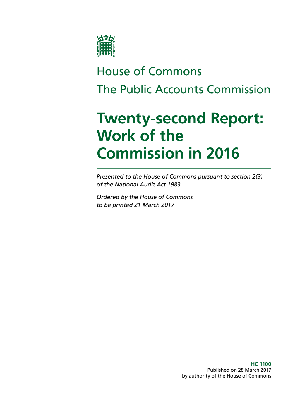 Public Accounts Commission 22nd Report. 22nd Report: Work of the Commission in 2016