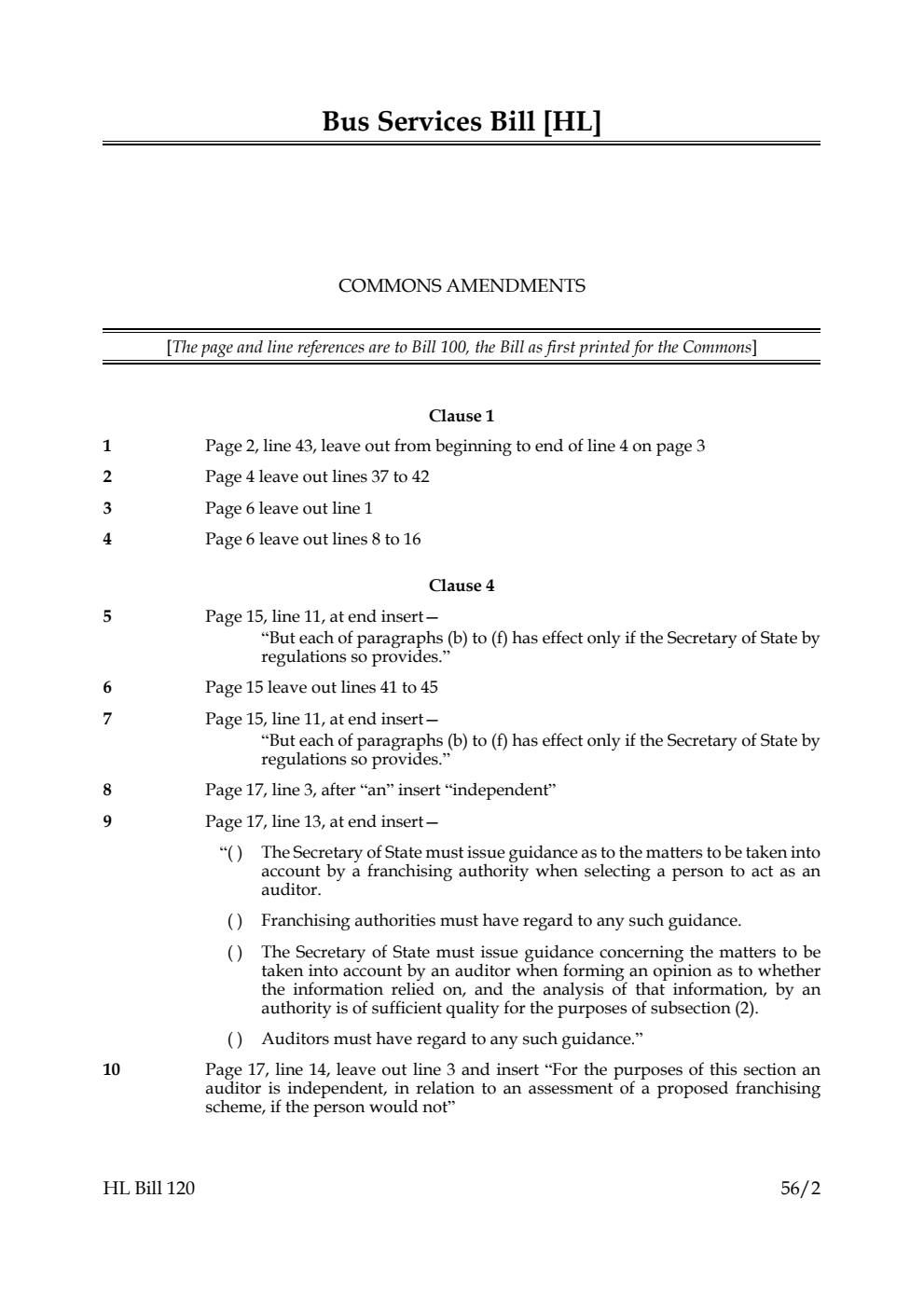 Bus Services Bill Commons Amendments