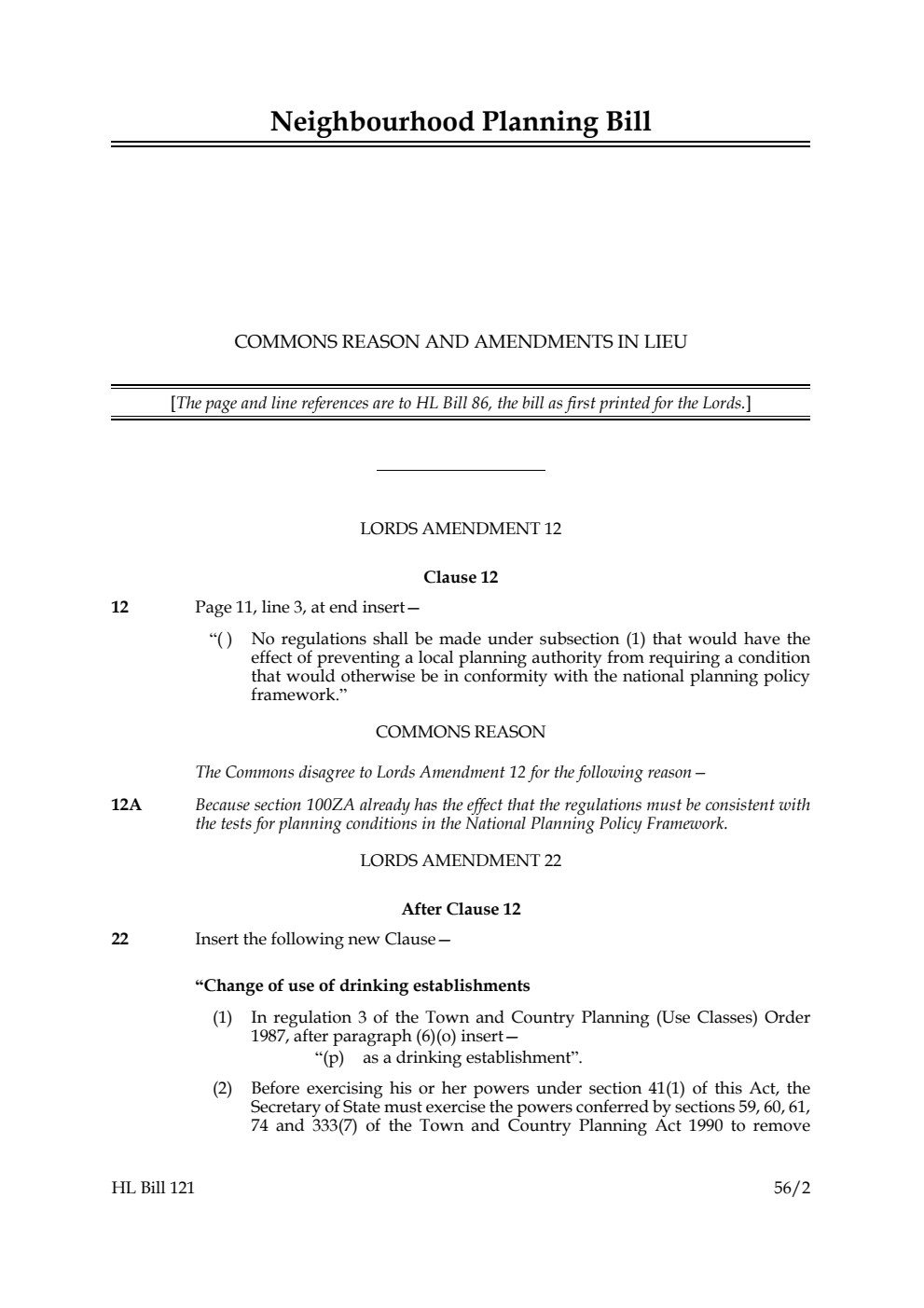 Neighbourhood Planning Bill Commons Reason And Amendments in lieu