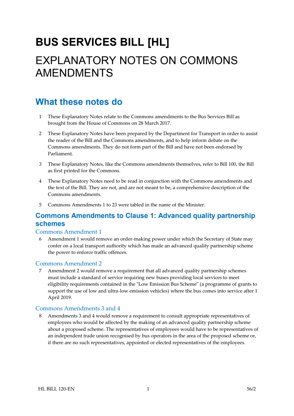 Bus Services Bill Commons Amendments Explanatory Notes