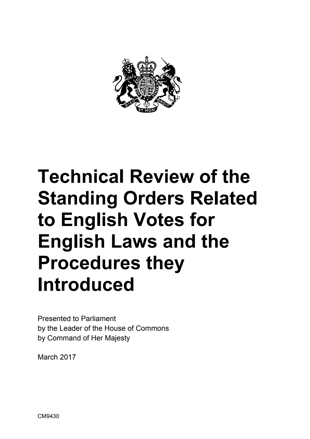 Technical Review of the Standing Orders Related to English Votes for English Laws and the Procedures they Introduced