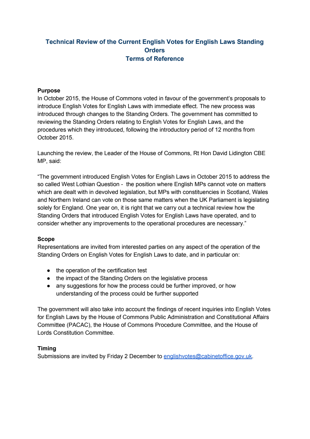 Technical Review of the Current English Votes for English Laws Standing Orders Terms of Reference