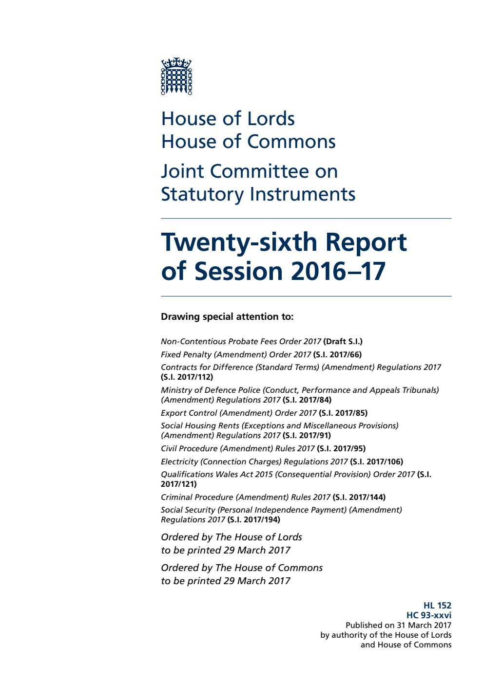 Statutory Instruments Joint Committee 26th Report of Session 2016-17