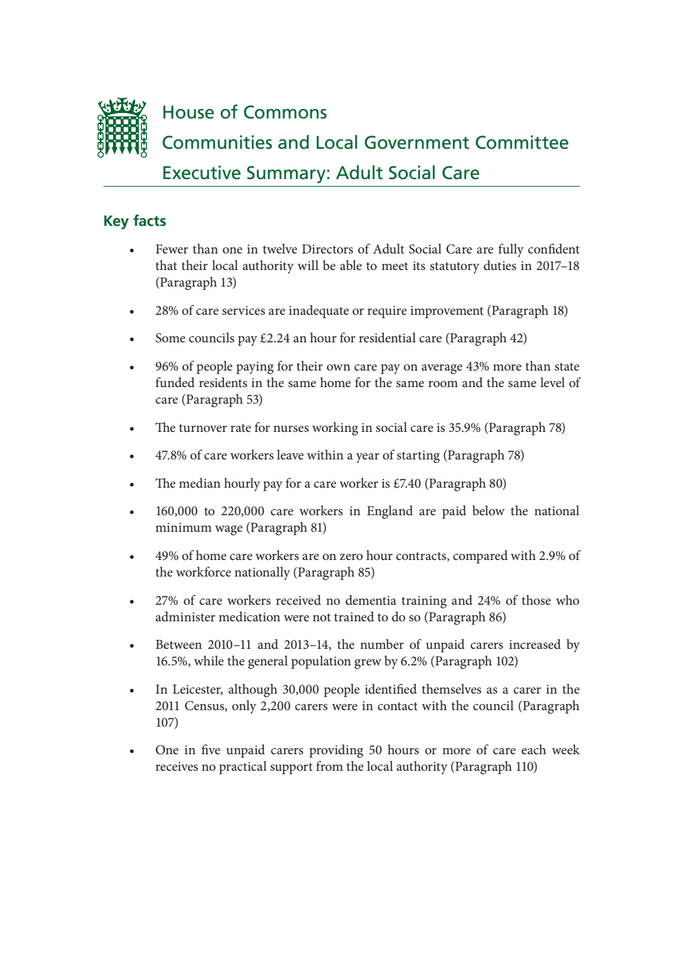 Communities and Local Government Committee Executive Summary: Adult Social Care
