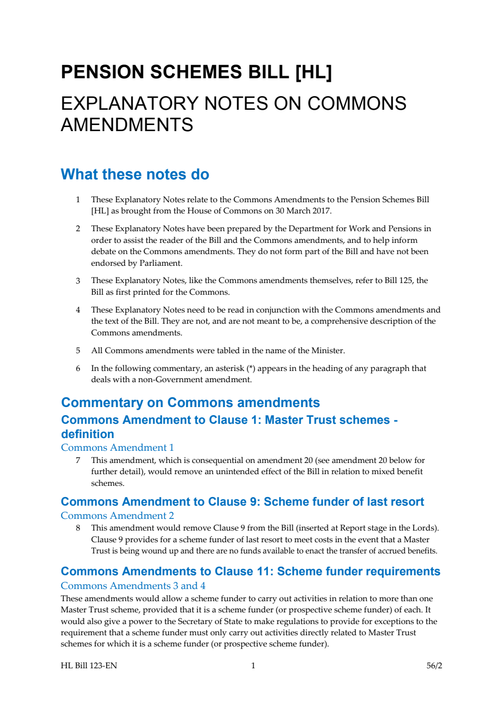 Pension Schemes Bill Commons Amendments Explanatory Notes