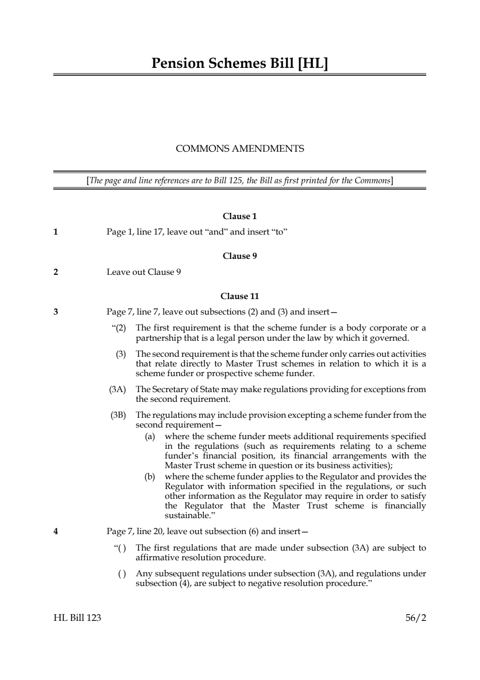 Pension Schemes Bill Commons Amendments