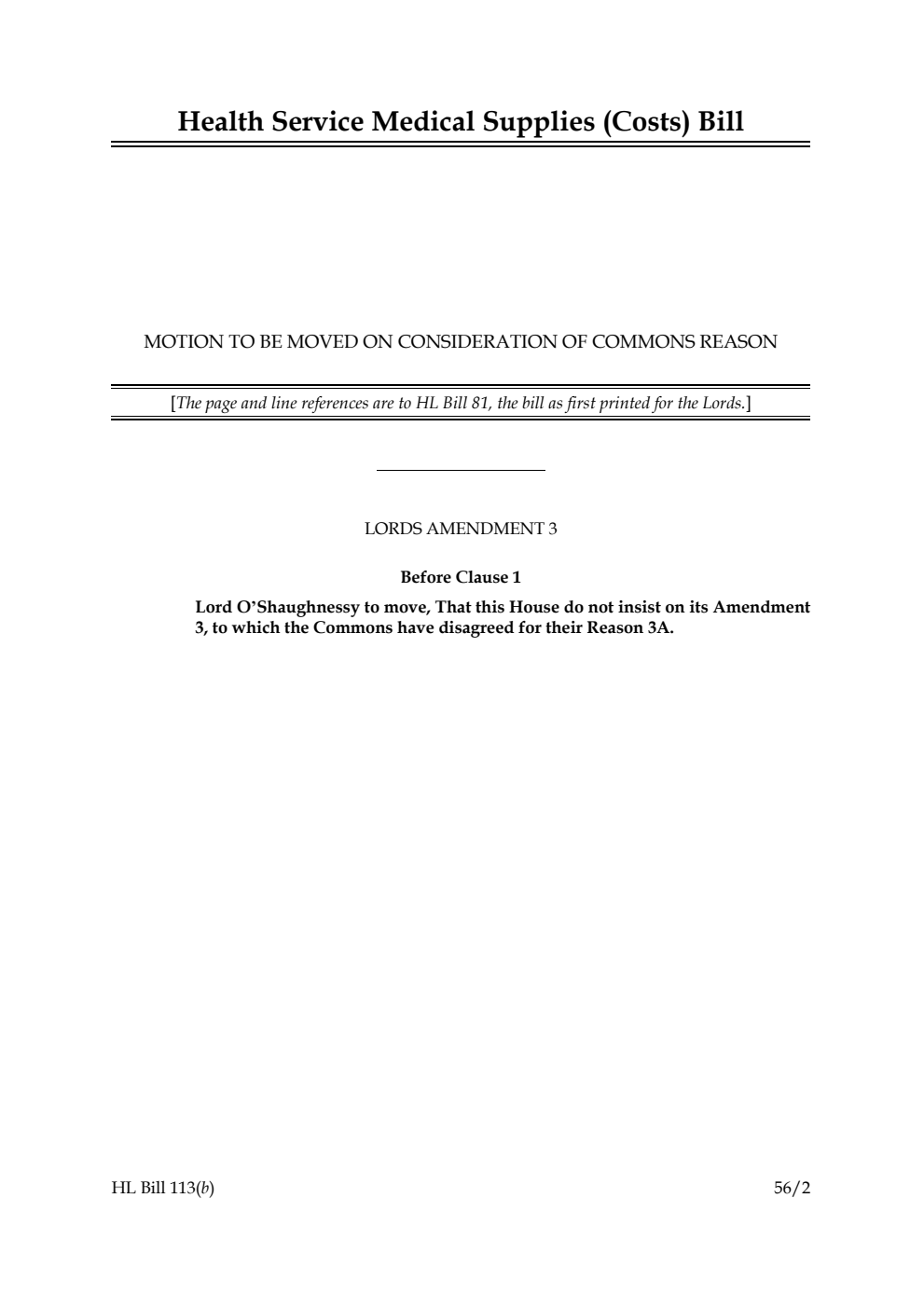 Health Service Medical Supplies (Costs) Bill Commons Reason Lords Amendments