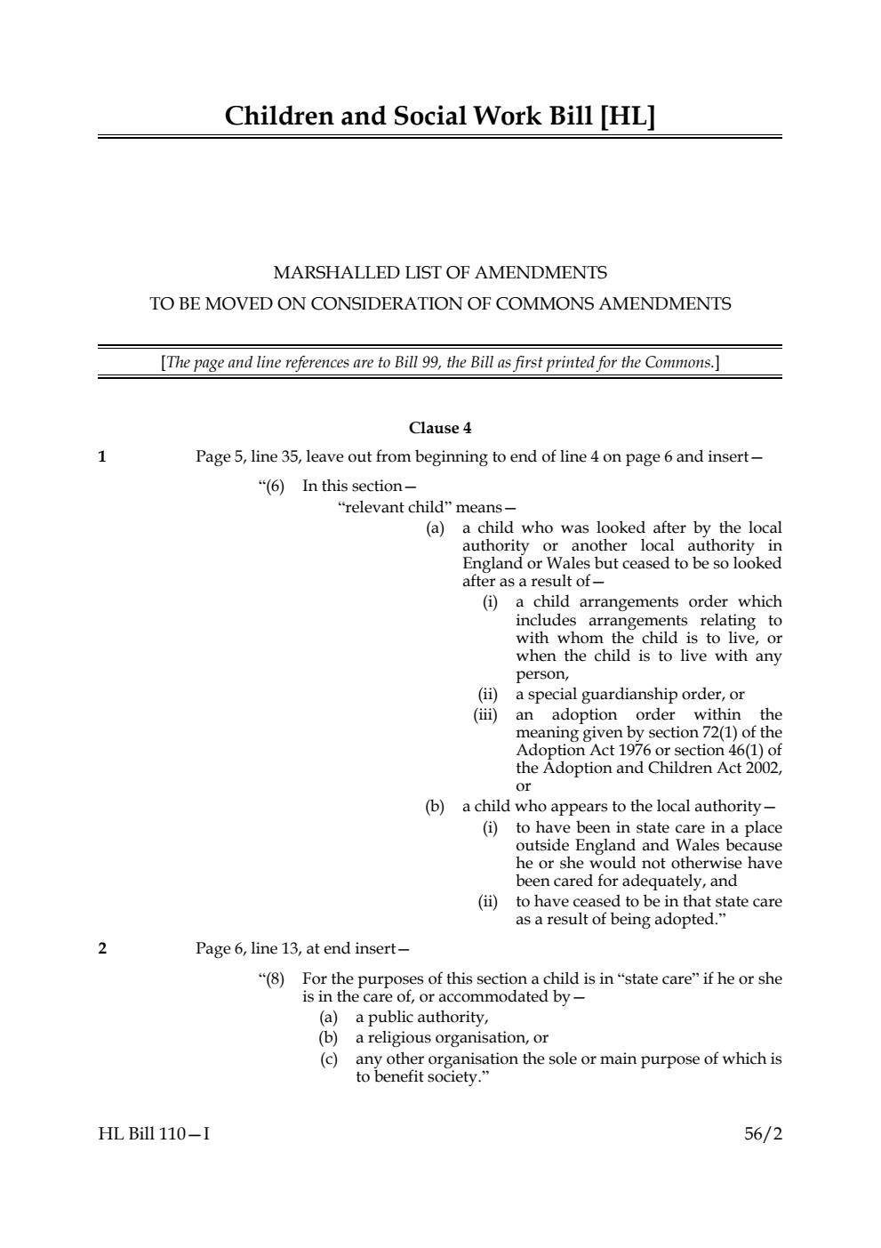 Children and Social Work Bill Lords Amendments 1st Marshalled List