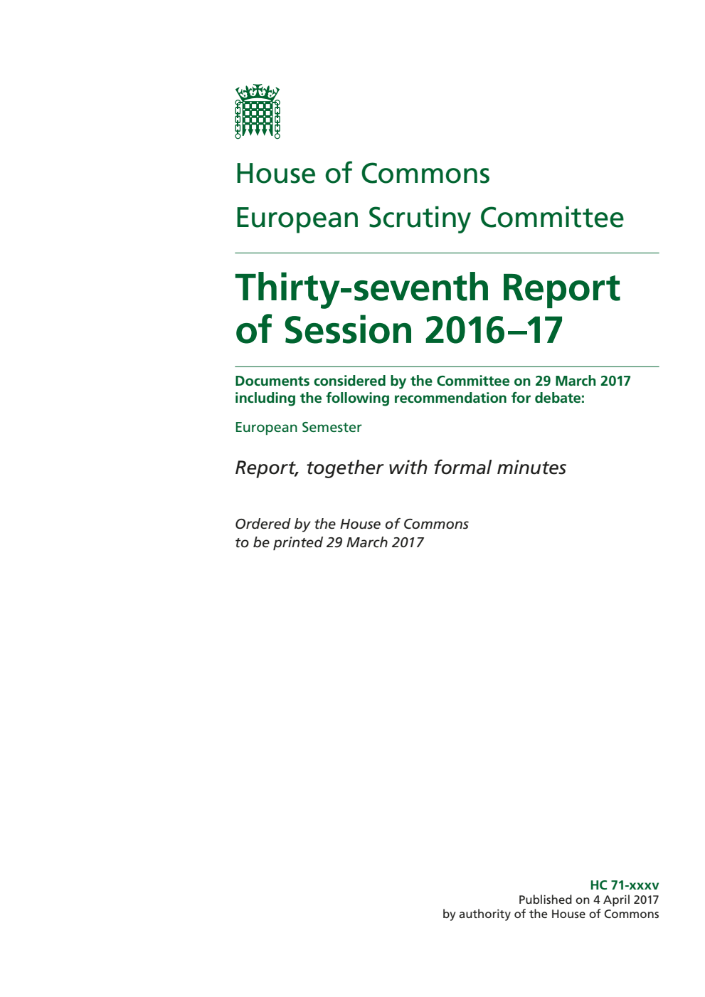 European Scrutiny Committee 37th Report of Session 2016-17