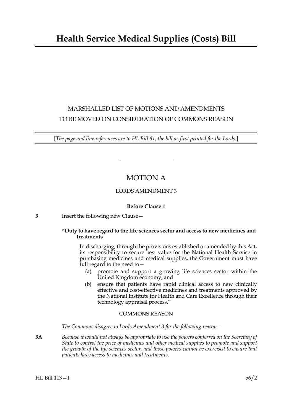 Health Service Medical Supplies (Costs) Bill Lords Amendments 1st Marshalled List