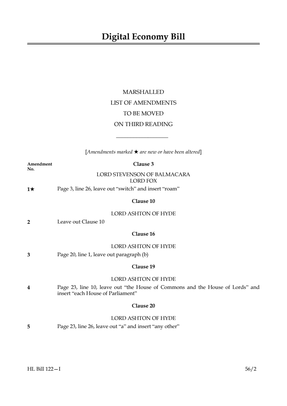 Digital Economy Bill Lords Amendments 1st Marshalled List