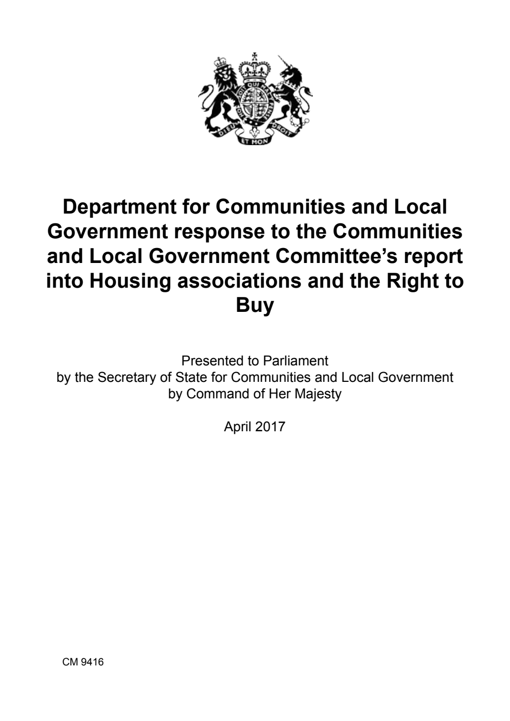 Department for Communities and Local Government response to the Communities and Local Government Committee’s report into Housing associations and the Right to Buy