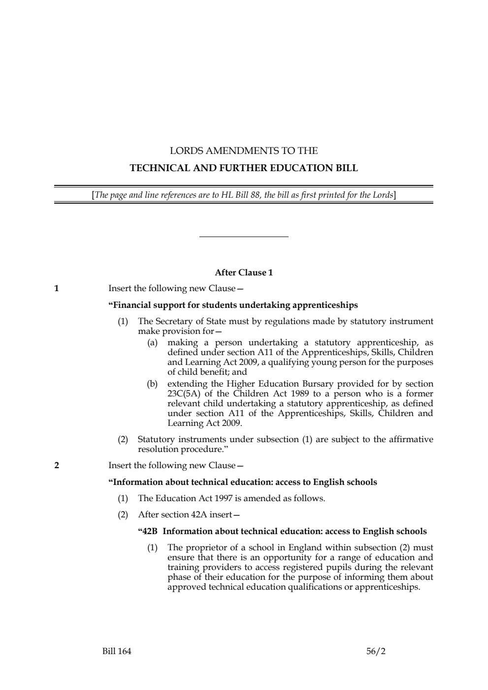 Lords Amendments to the Technical And Further Education Bill