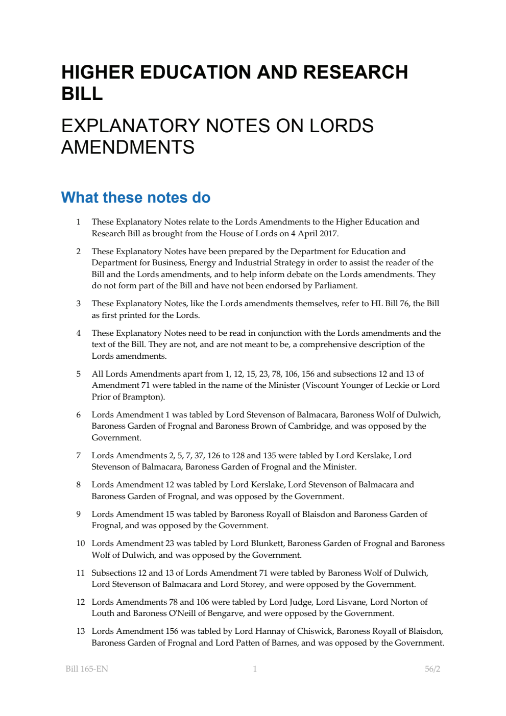 Higher Education and Research Bill Explanatory Notes on Lords Amendments