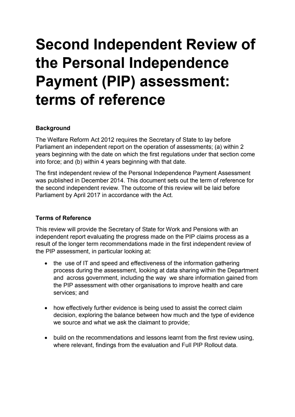 Second Independent Review of the Personal Independence Payment (PIP) assessment: terms of reference
