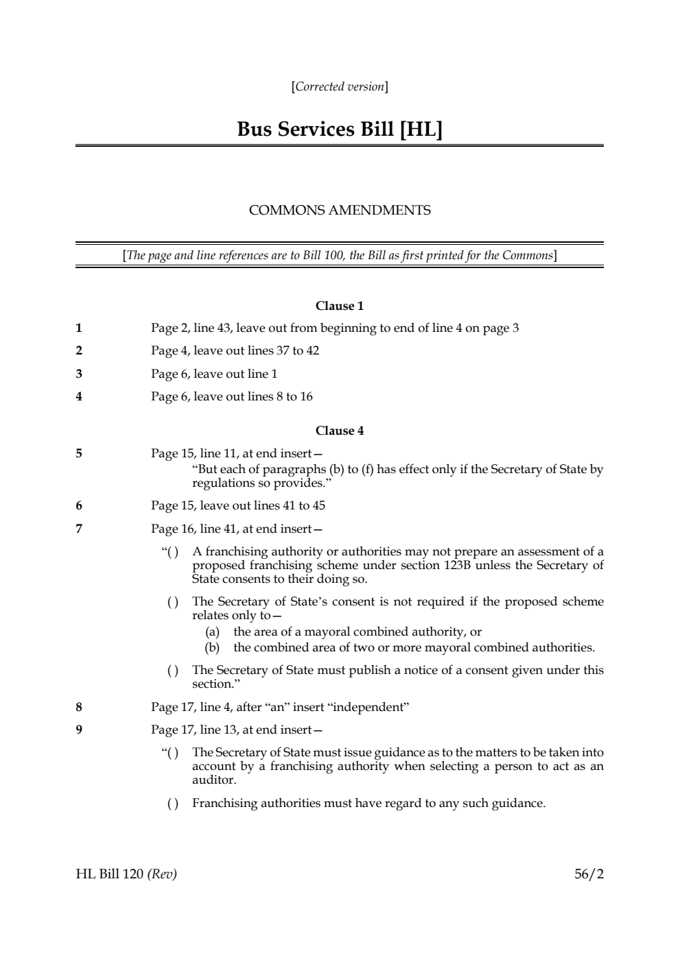 Bus Services Bill Commons Amendments Revised