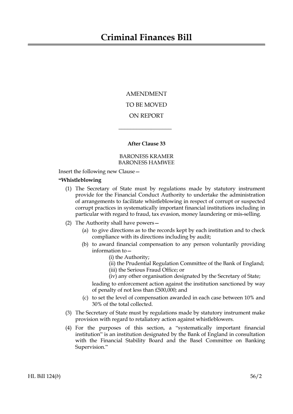 Criminal Finances Bill Lords Amendments