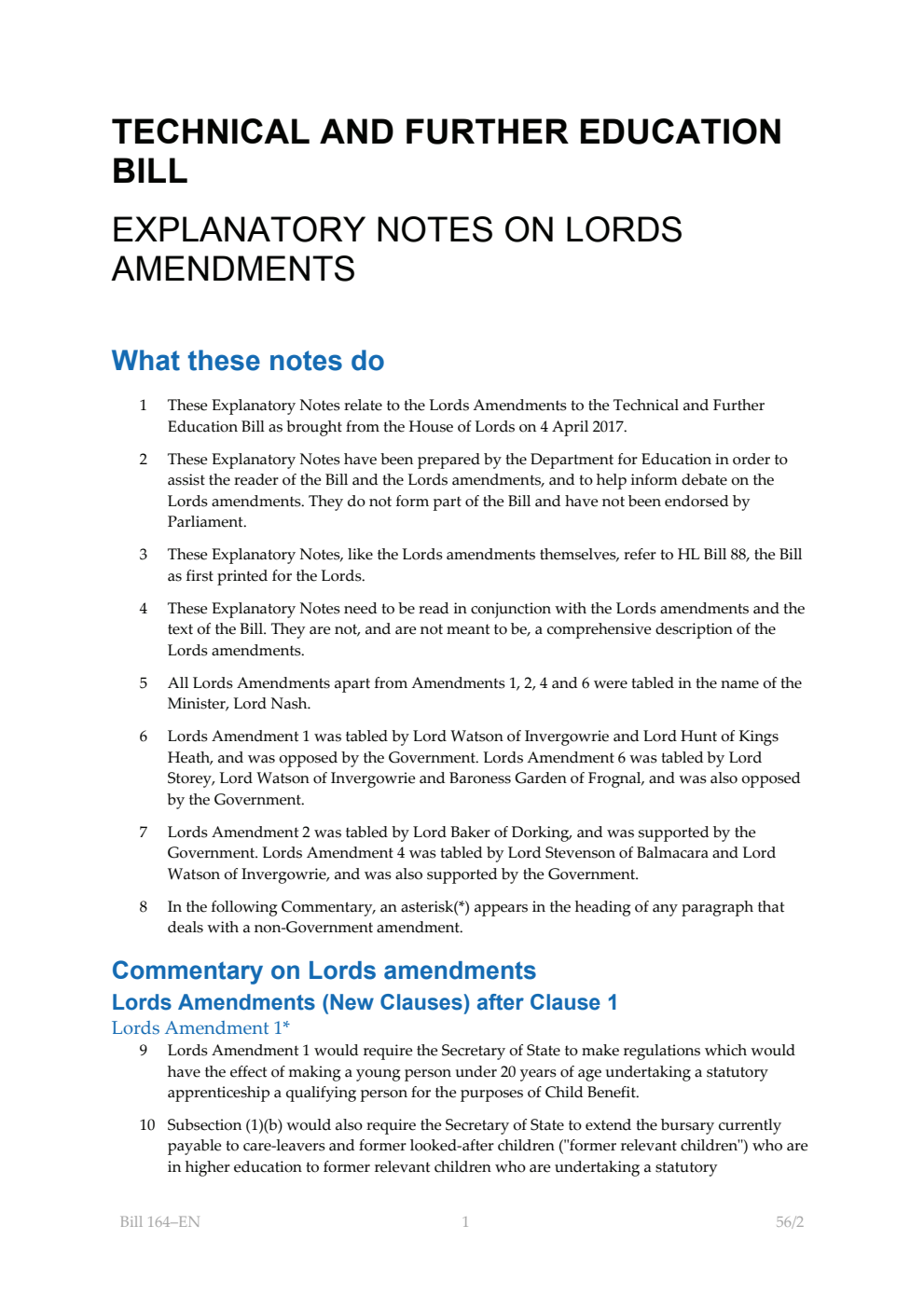 Technical and Further Education Bill Explanatory Notes on Lords Amendments