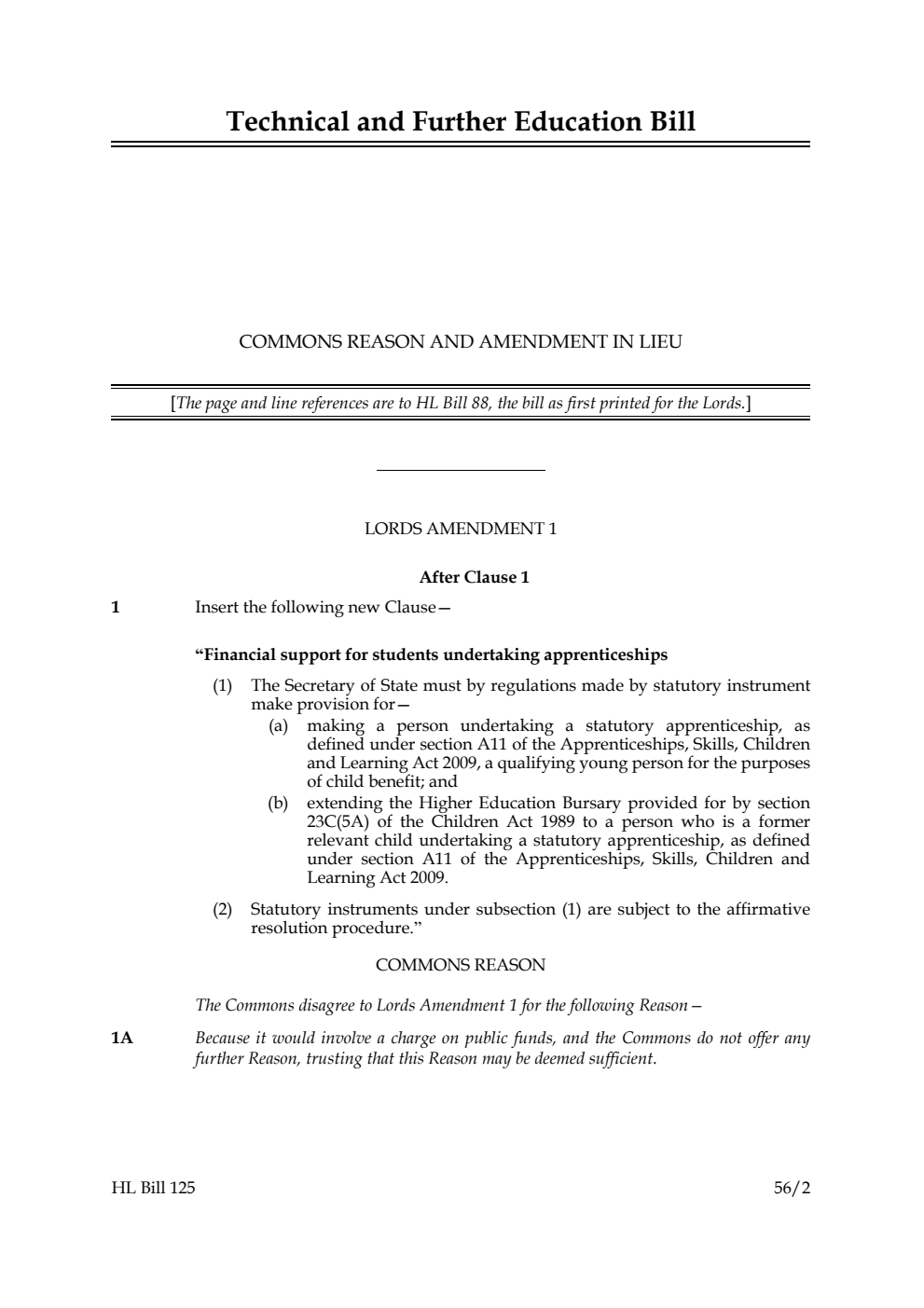 Technical and Further Education Bill Commons Reason and Amendments in lieu
