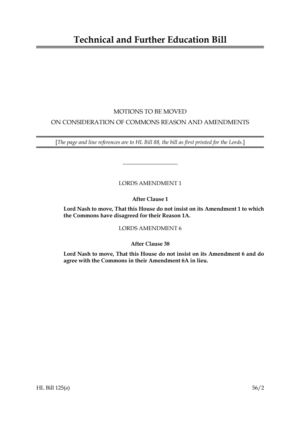 Technical and Further Education Bill Motions to be moved on consideration of Commons reasons and amendments
