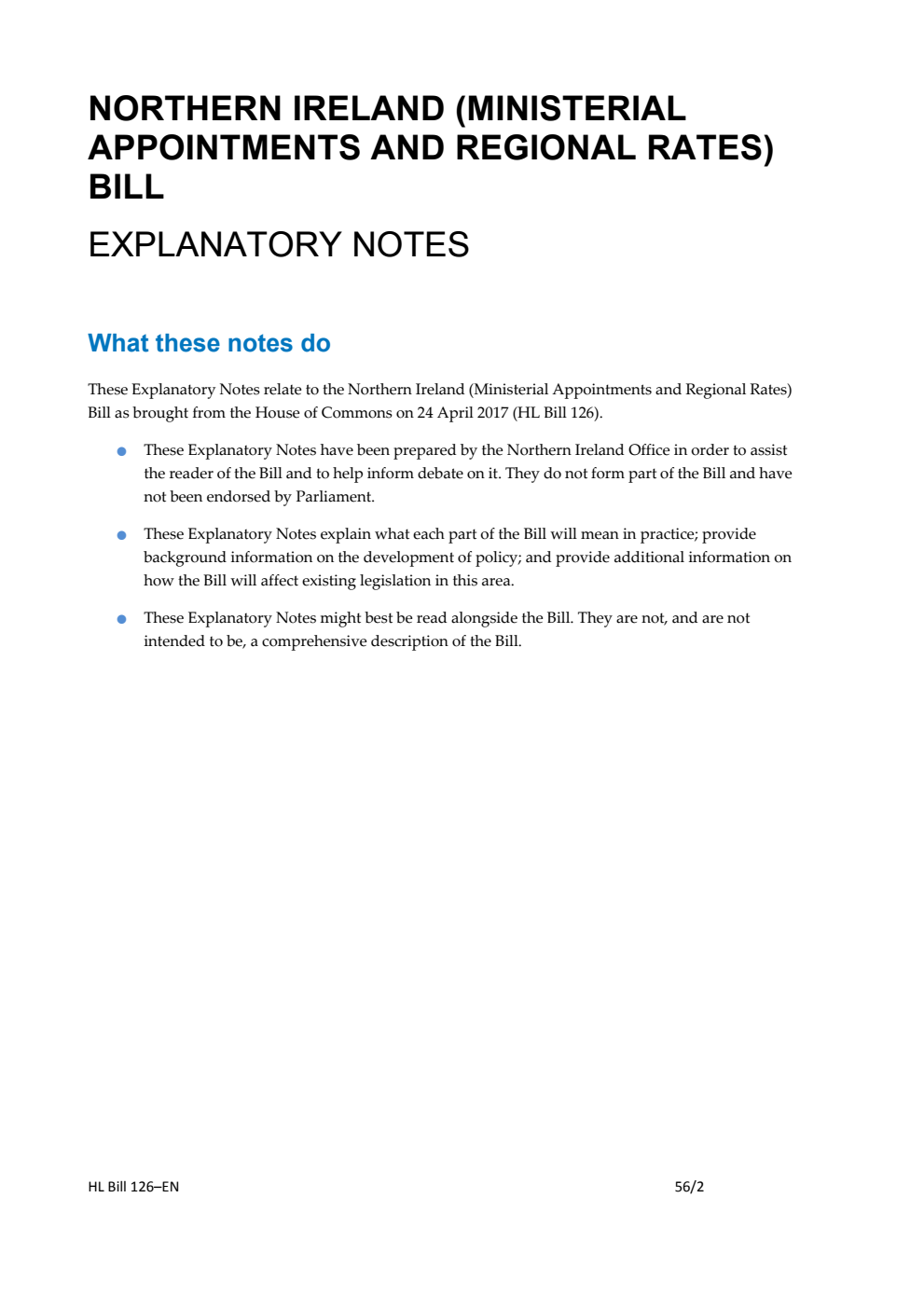 Northern Ireland (Ministerial Appointments and Regional Rates) Bill Explanatory Notes