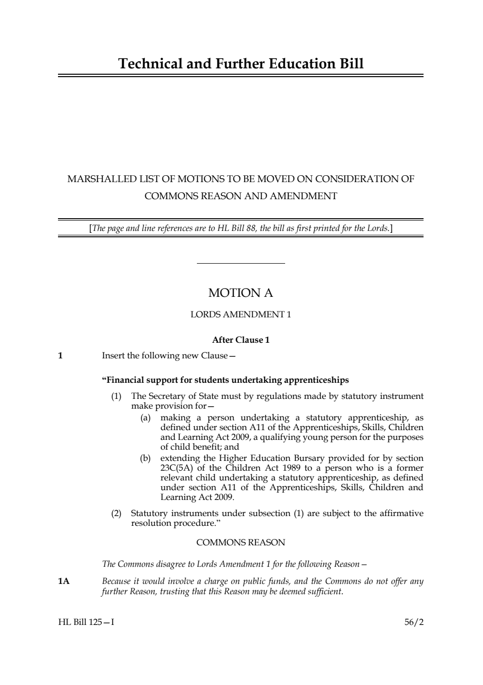 Technical and Further Education Bill Lords Amendments 1st Marshalled List