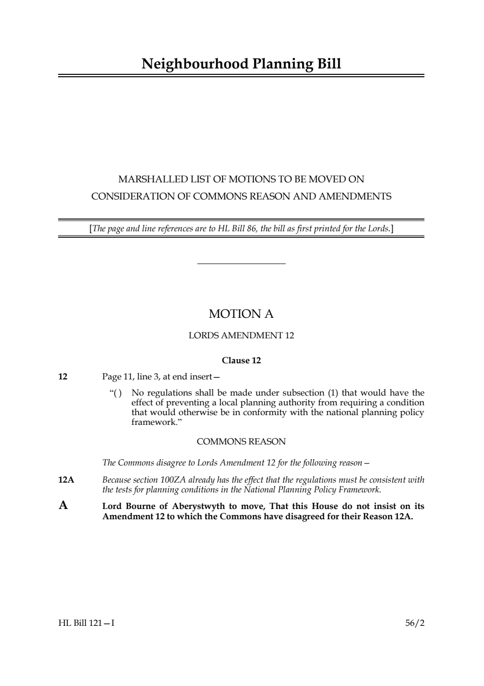 Neighbourhood Planning Bill Lords Amendments 1st Marshalled List