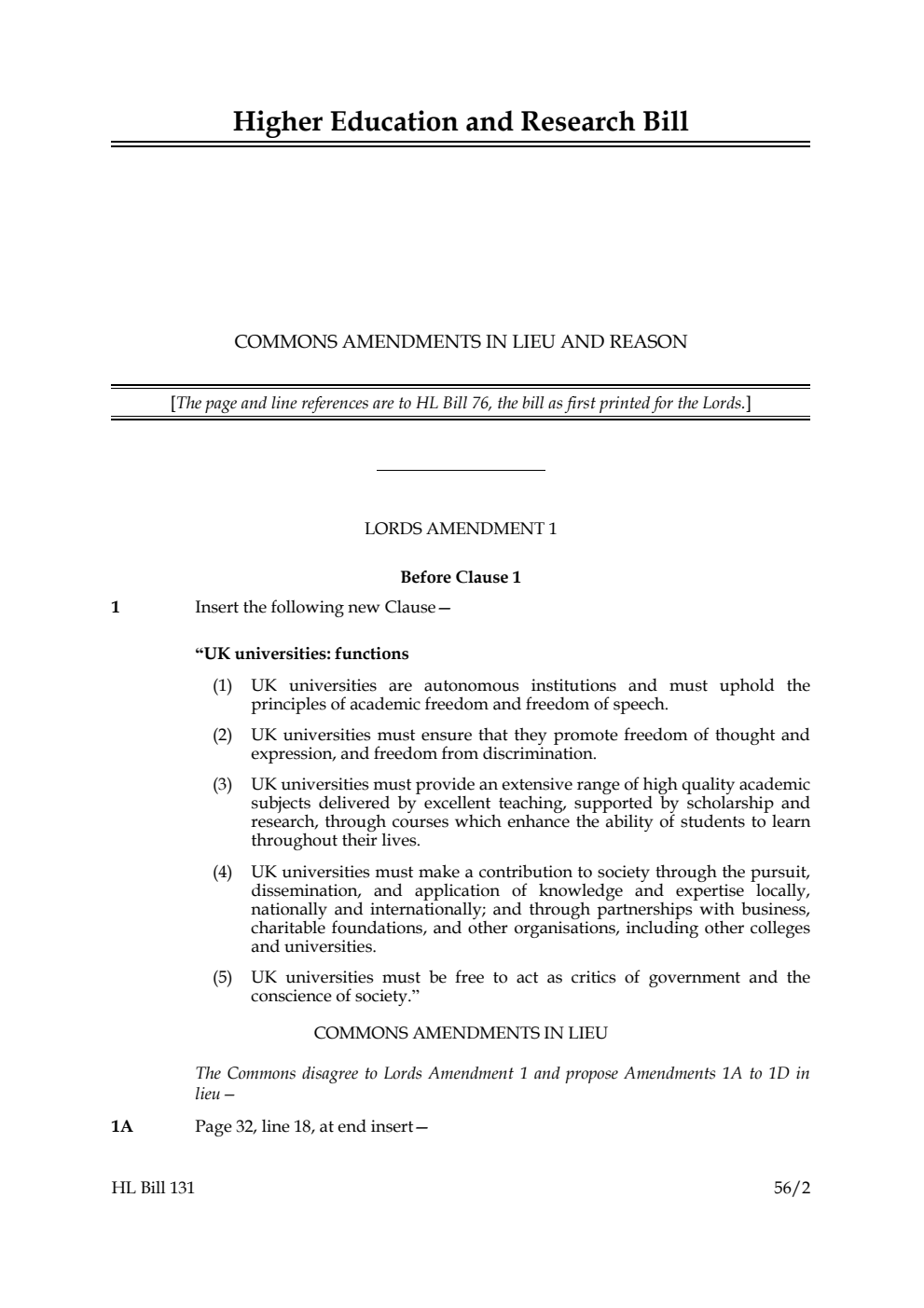 Higher Education and Research Bill Commons amendments in lieu and reason