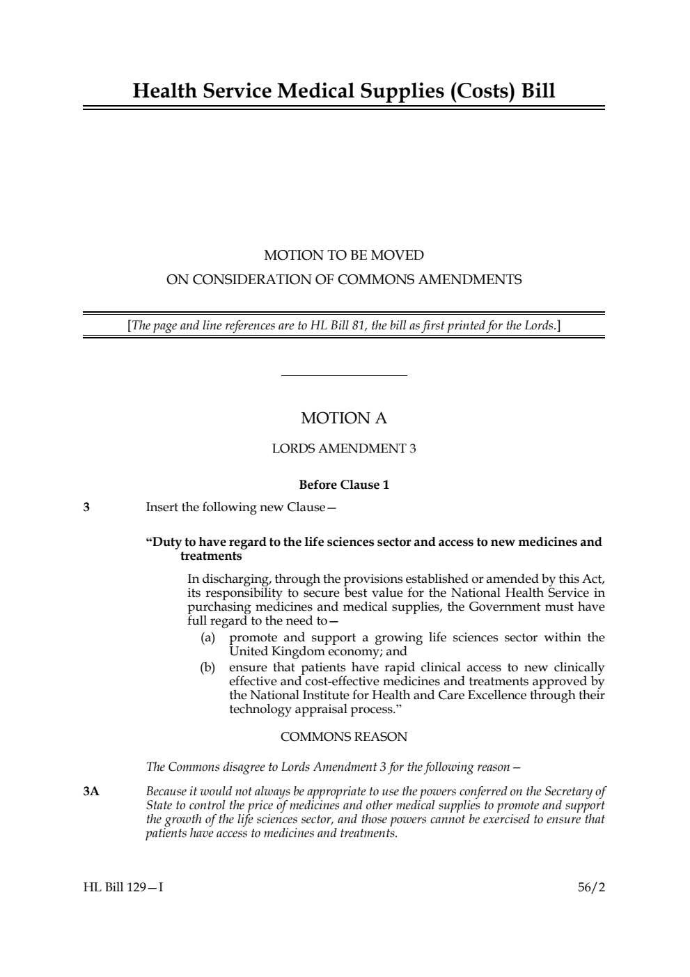 Health Service Medical Supplies (Costs) Bill Motion to be moved on consideration of Commons amendments