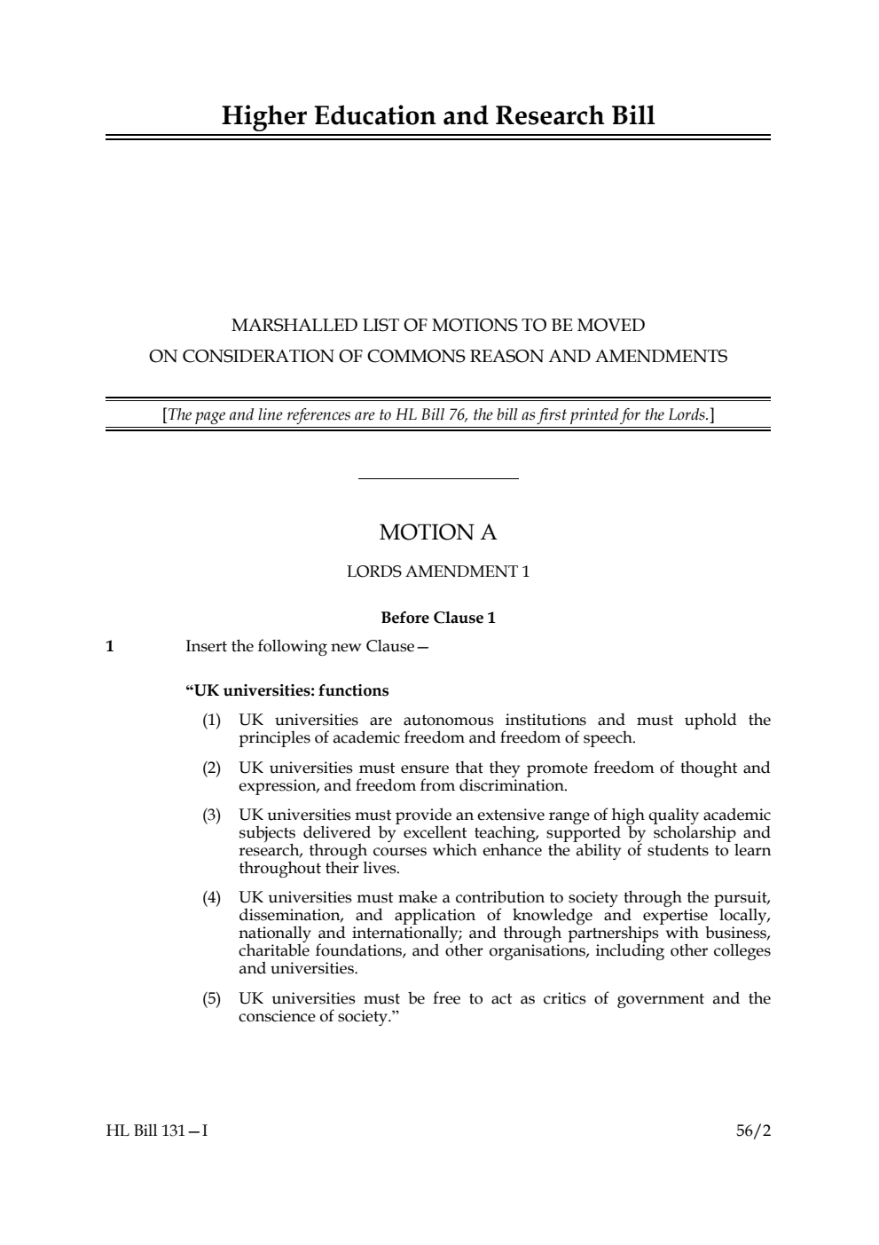 Higher Education and Research Bill Marshalled list of motions to be moved on consideration of Commons reason and amendments