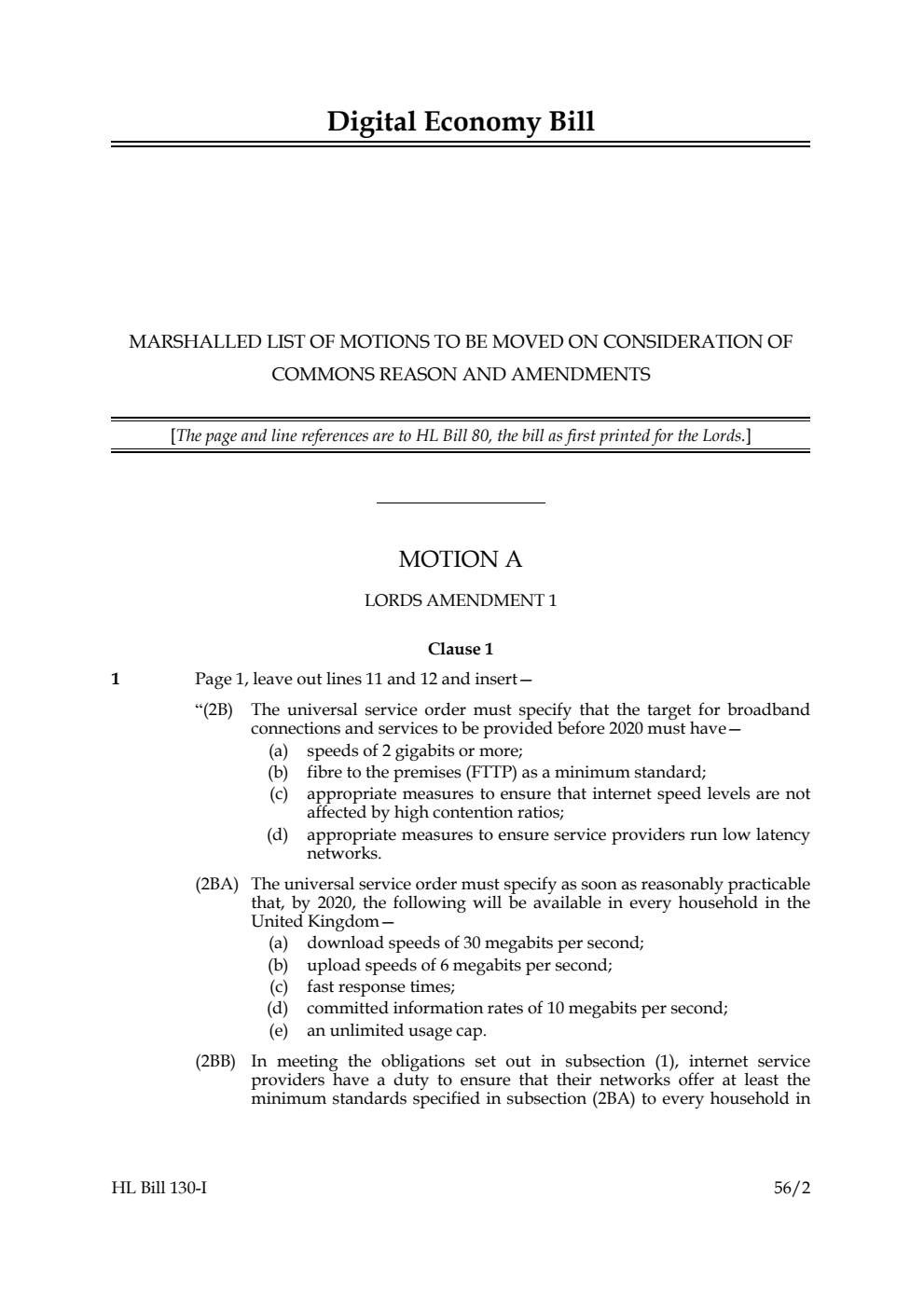 Digital Economy Bill Marshalled list of motions to be moved on consideration of Commons reason and amendments