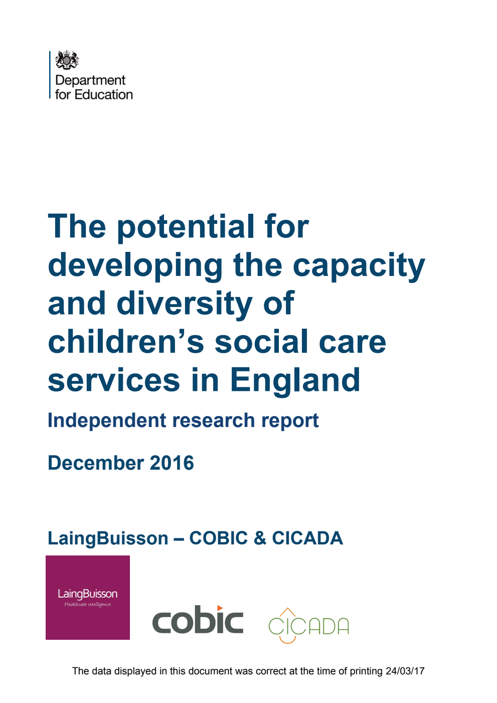DFE RR473 The Potential for Developing the Capacity and Diversity of Children's Social Care Services in England : Independent Research Report December 2016