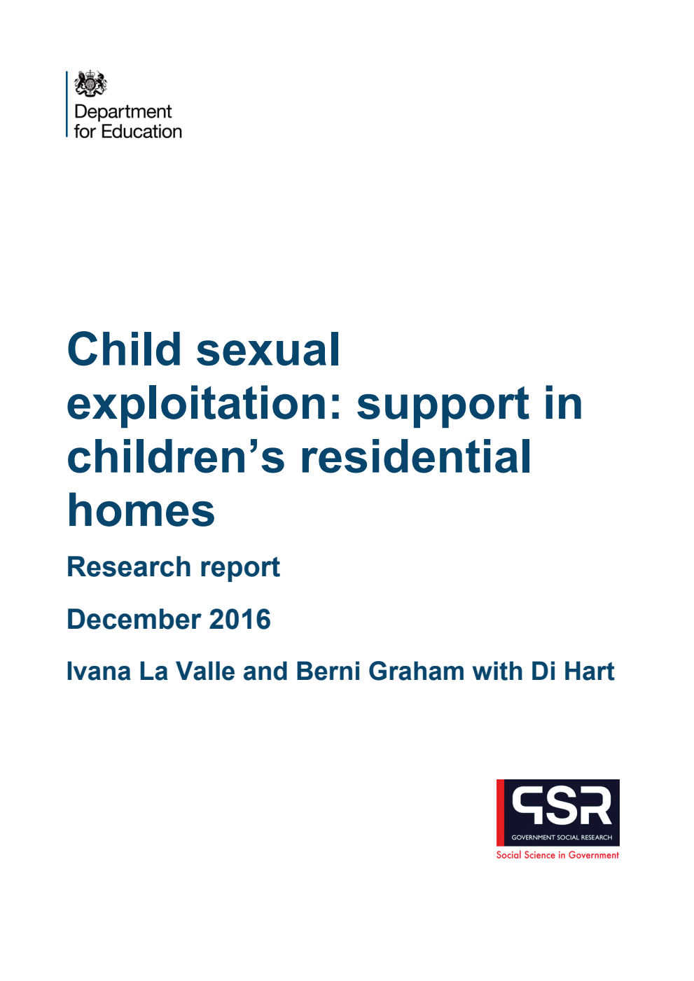 DFE RR514 Child Sexual Exploitation: Support in Children's Residential Homes : Research Report December 2016
