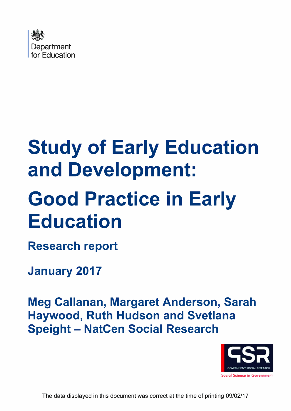 DFE RR553 Study of Early Education and Development: Good Practice in Early Education : Research Report January 2017