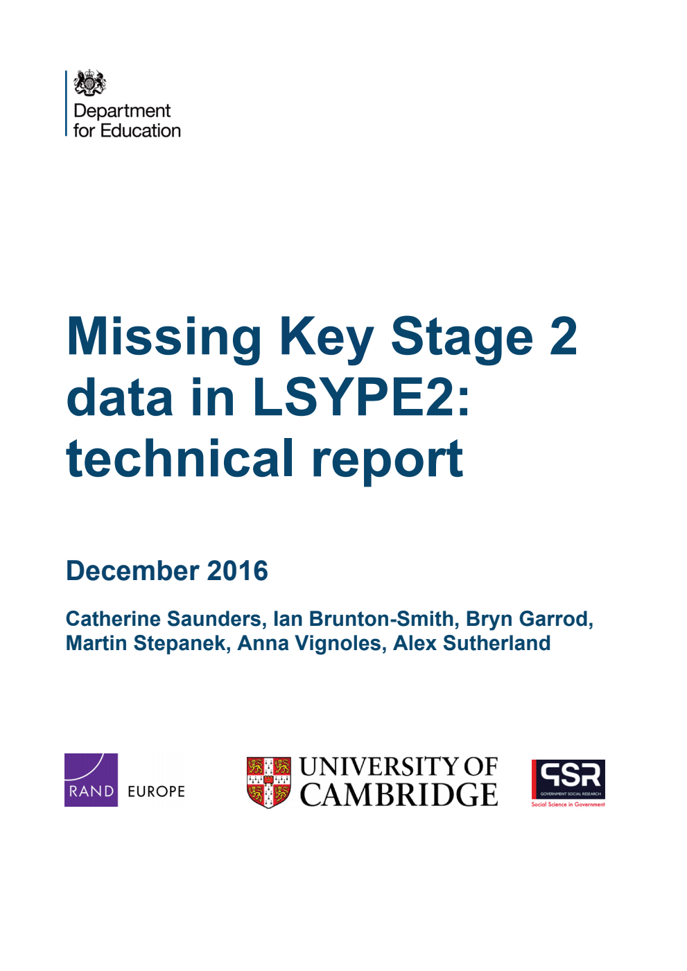 DFE RR608 Missing Key Stage 2 Data in LSYPE2: Technical Report December 2016
