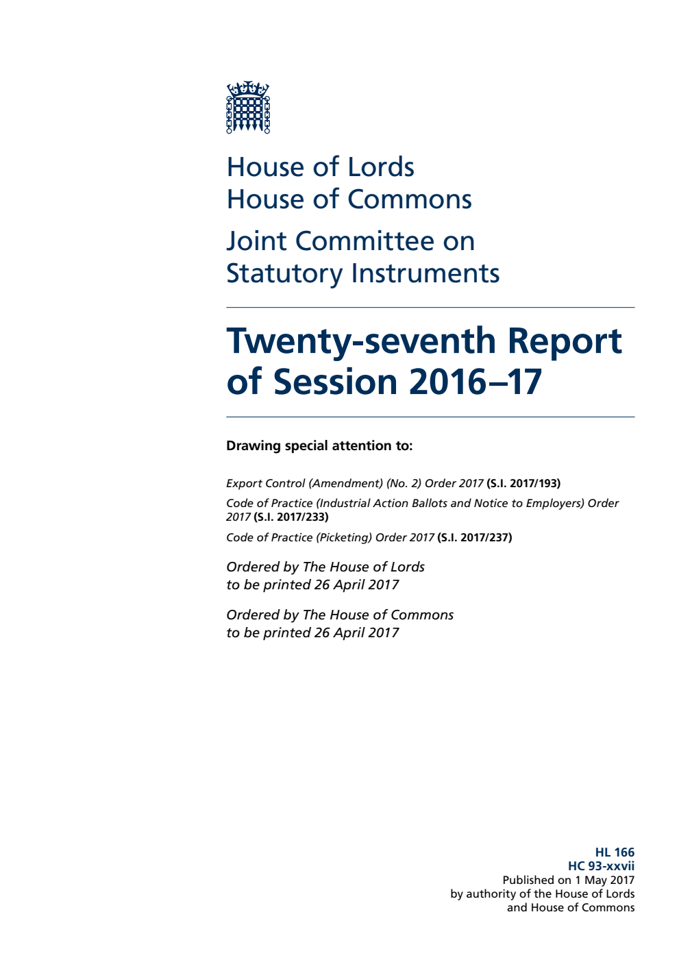 Statutory Instruments Joint Committee 27th Report of Session 2016-17