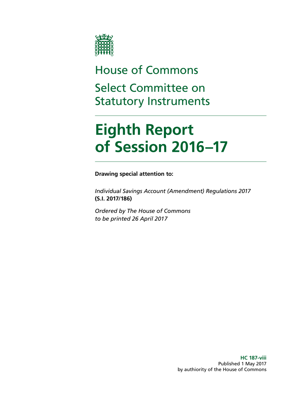 Statutory Instruments Committee 8th Report of Session 2016-17