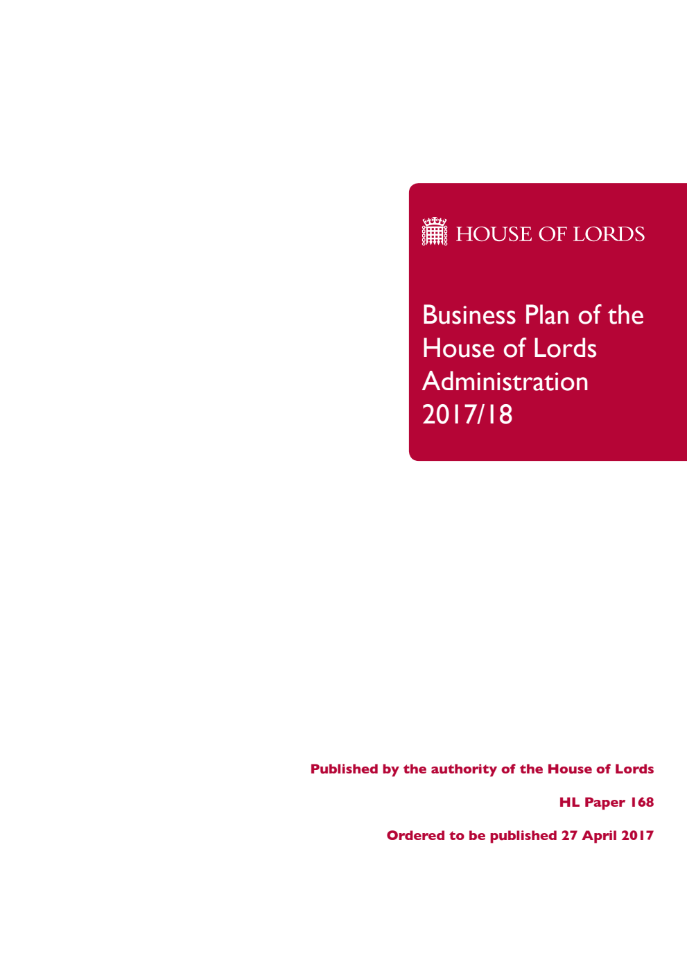 Business Plan of the House of Lords Administration 2017/18