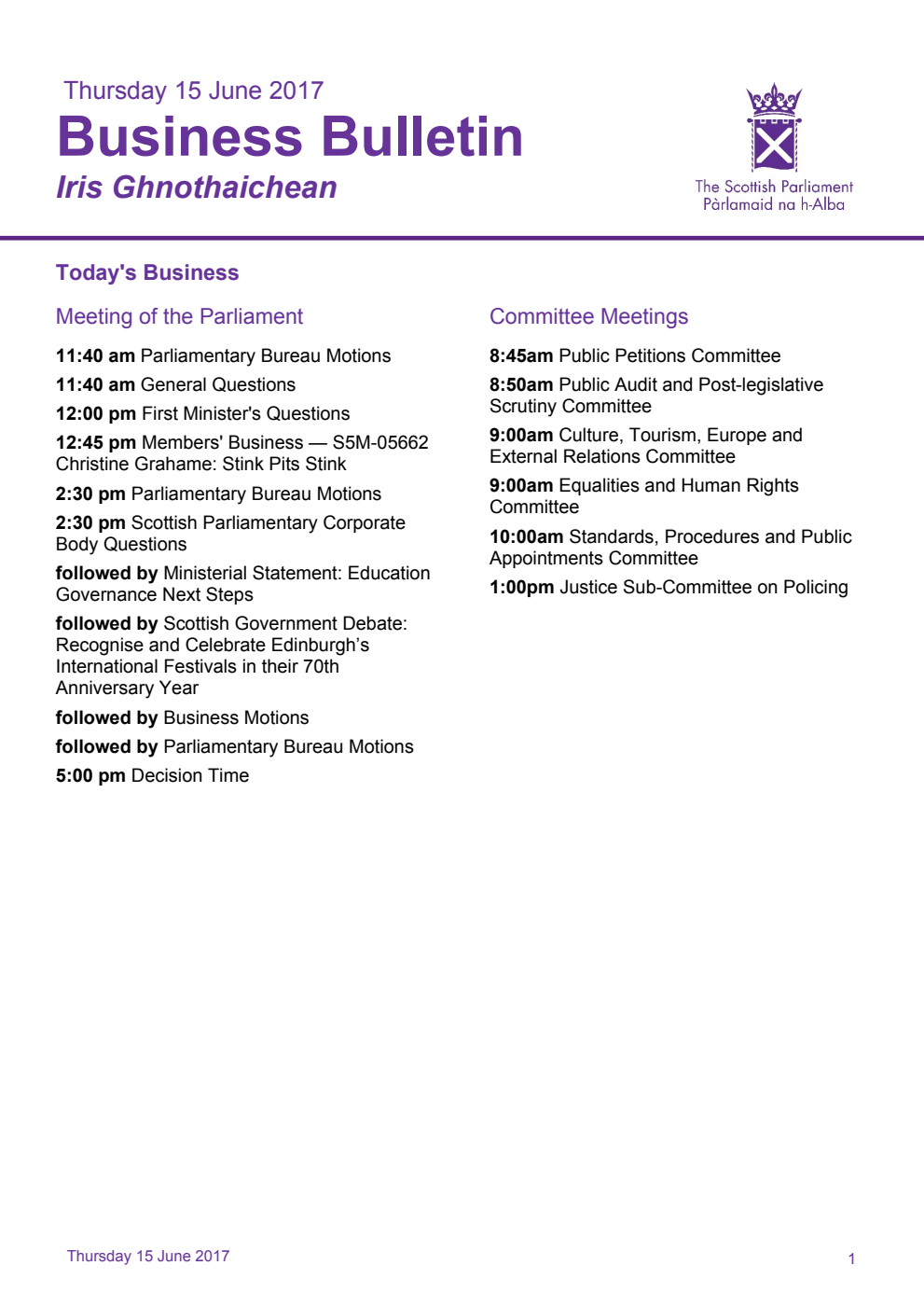 Business Bulletin, Thursday 15th June 2017