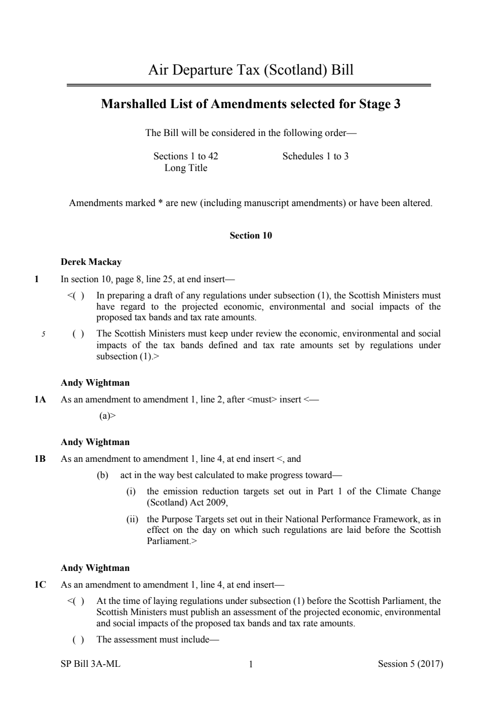 Air Departure Tax (Scotland) Bill Marshalled List of Amendments selected for Stage 3